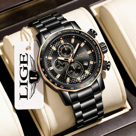 LIGE Watches for Men 2026 New Business Sport Chronograph Quartz Wristwatch Clock Waterproof Big Dial Male Watch Reloj Hommes+BOX