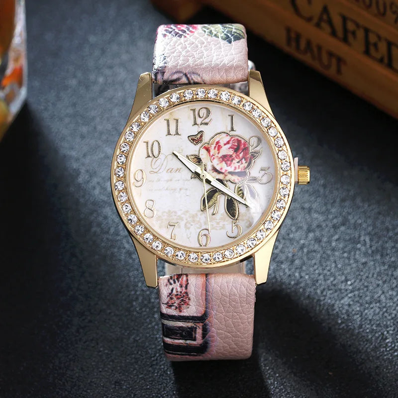 Fashion Ladies Watches Women Printed Flower Watch Luxury Casual Quartz Leather Wrist Watch Fashion Female Dress Clocks Relogio