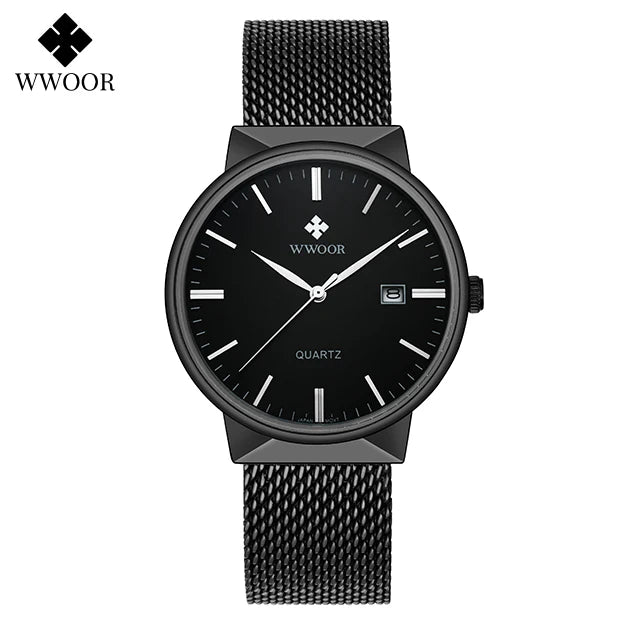 2022 Fashion Wwoor Top Brand Men Simple Slim Watches Luxury Gold Steel Mesh Ultra Thin Waterproof Date Wrist Watch Golden Clock