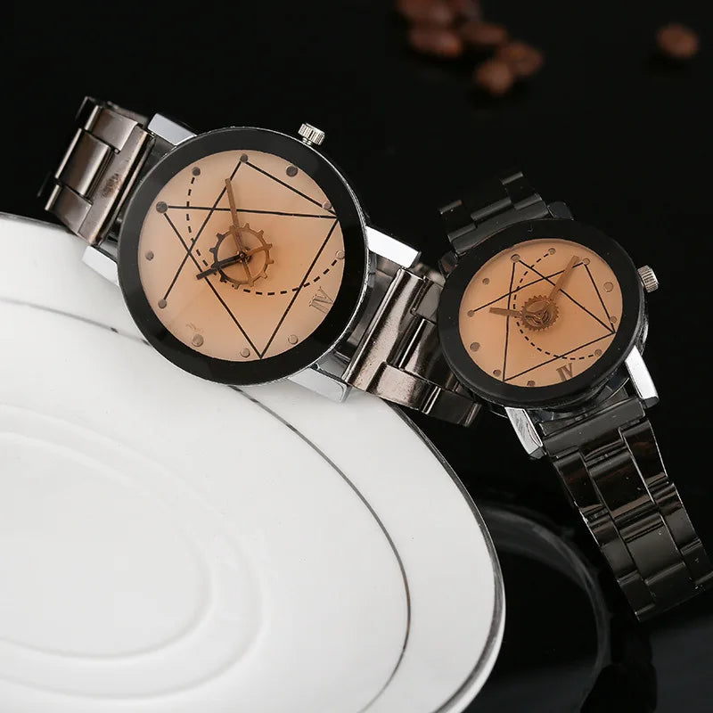 New Couple Watches Men Gear Triangle Pointer Compass Dial Second Hand Watch Women Stainless Steel Watches Relogio Feminino Clock