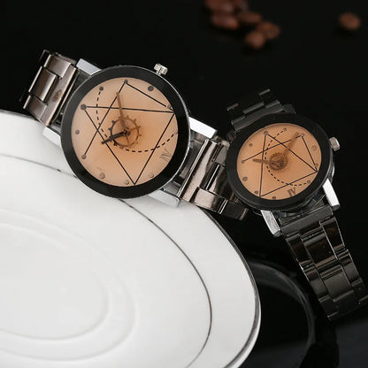 New Couple Watches Men Gear Triangle Pointer Compass Dial Second Hand Watch Women Stainless Steel Watches Relogio Feminino Clock