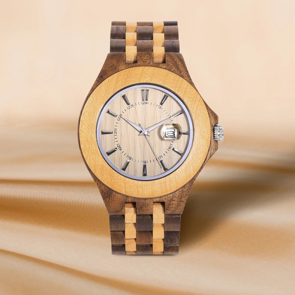 Fashion Men Natural Wood Watch Luminous Dial Date Calendar Fold Clasp Lightweight Casual Quartz Wristwatch