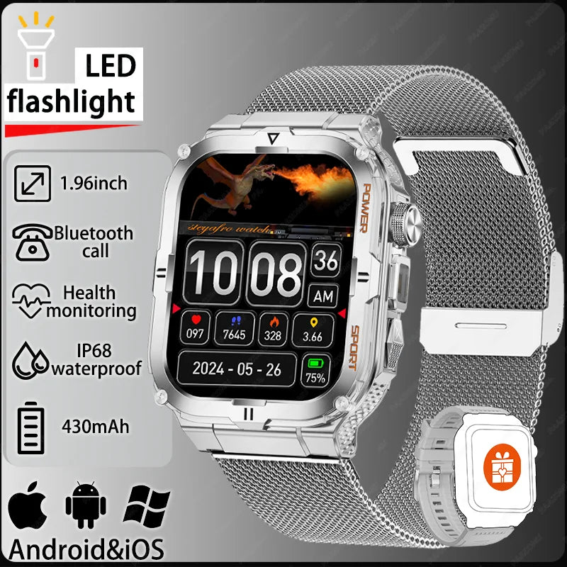 2026 New Men's Smart Watch LED Flashlight IP68 waterproof Outdoor Sports Watch Health Monitoring Fitness tracker for IOS Android