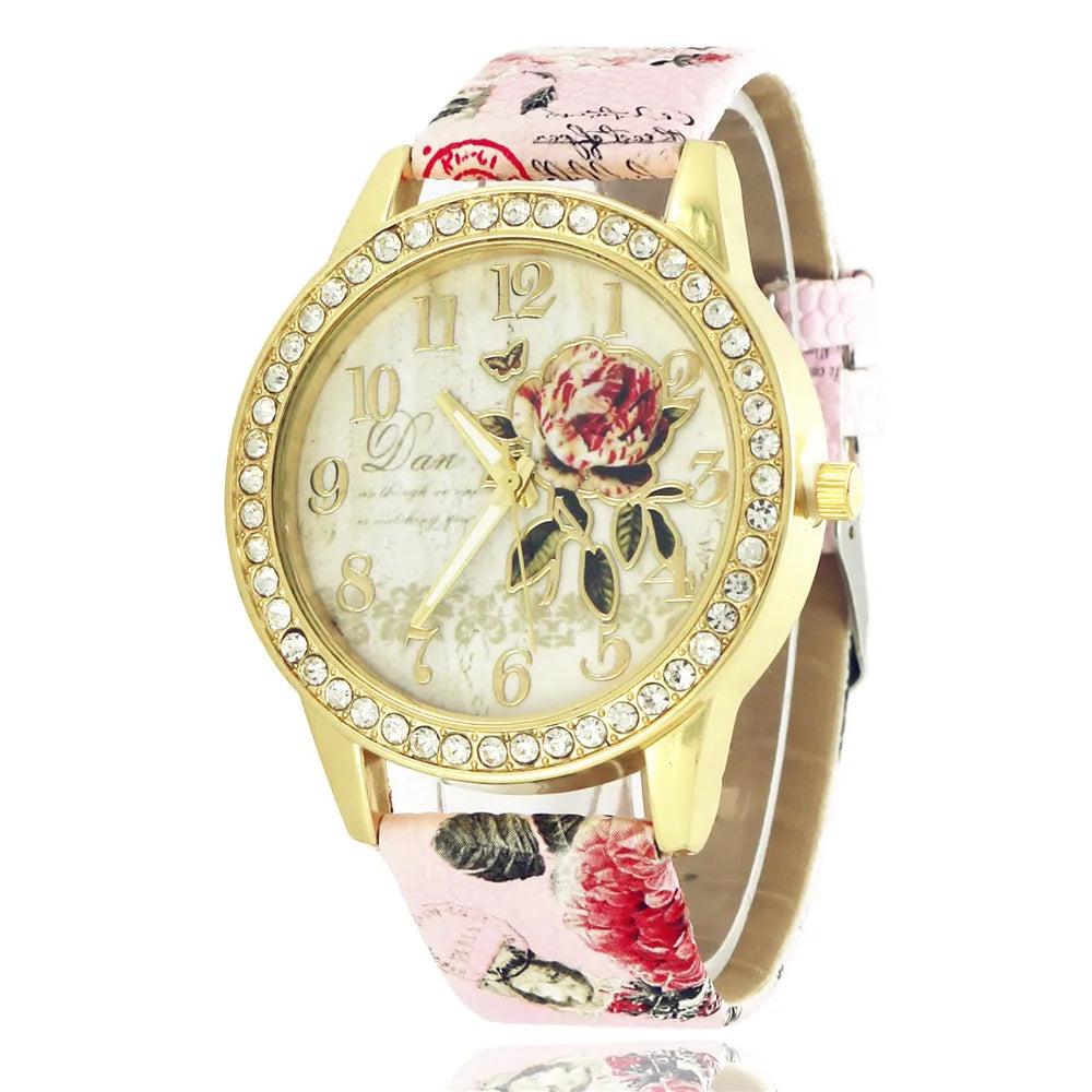 Fashion Ladies Watches Women Printed Flower Watch Luxury Casual Quartz Leather Wrist Watch Fashion Female Dress Clocks Relogio