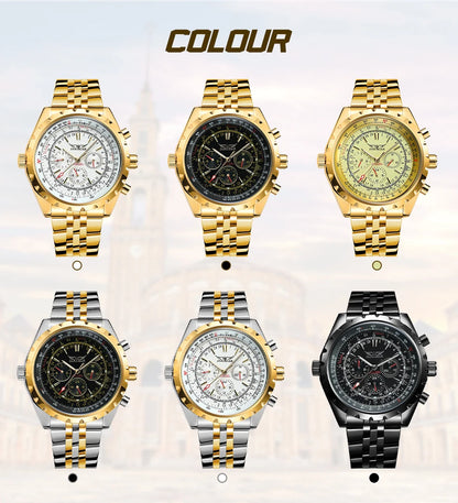 JARAGAR Original Blue Glass Big Dial Multifunctional Automatic Men's Watches Stainless Steel Vintage Mechanical Waterproof Clock