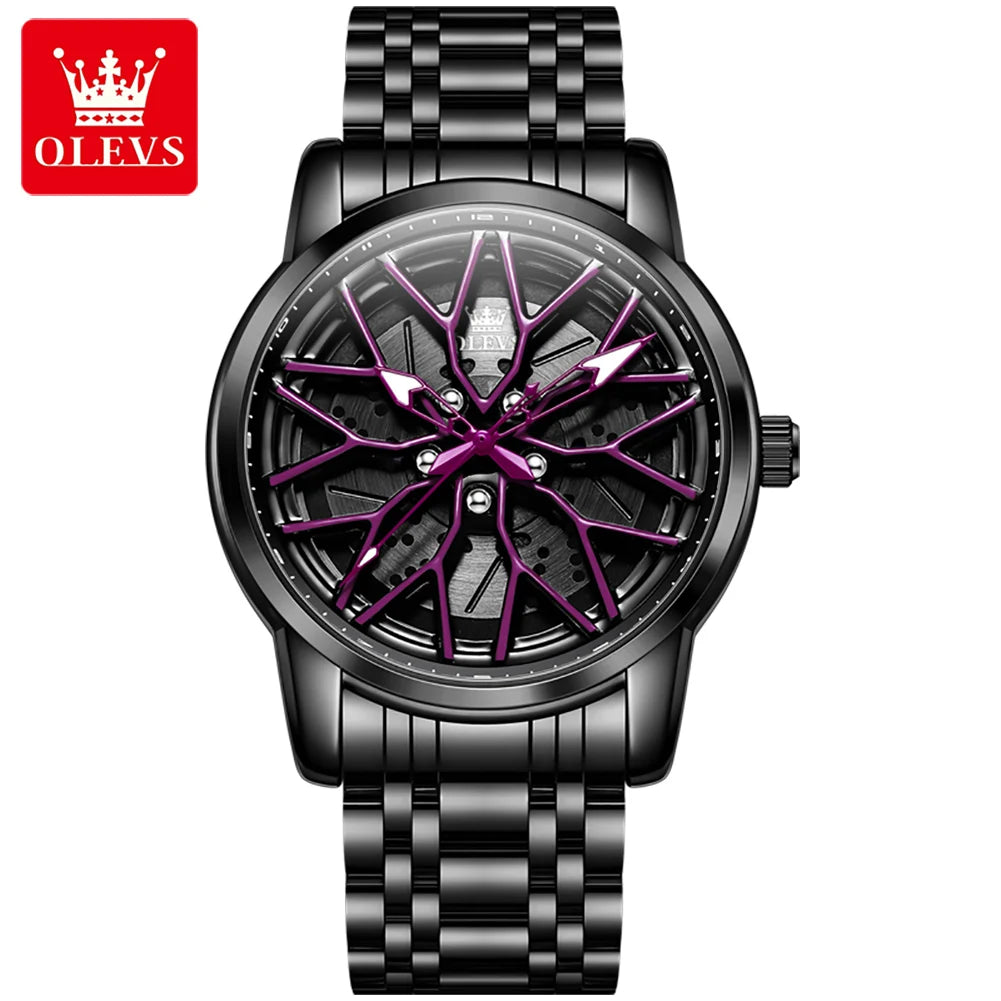 OLEVS Fashion Watch for Men Sport Car Rim Wheel Hub 360° Rotary Dial Quartz Watches Waterproof Stainless Steel Men's Wristwatch