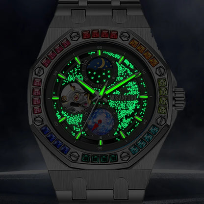 Men's Automatic Watch, Waterproof Watch, Rhinestone, Super Luminous Sun, Moon and Stars, Dial, Skeleton, Men's Gift Watch