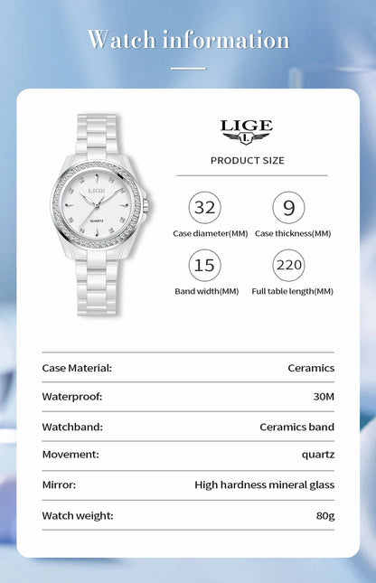 LIGE TOP Women Quartz Watches 2026 Ceramic Elegant Fashion Waterproof Luminous Clock Vintage Watch for Women Reloj De Mujer+BOX