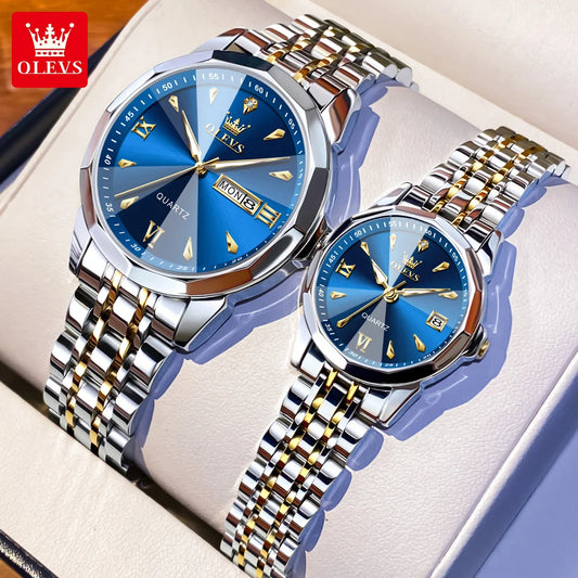 OLEVS 9998 Couple Watch Luxury Men Women Quartz Watch Dual Calendar Clock Waterproof Men's Women's Dating Couple Watch Set Gift