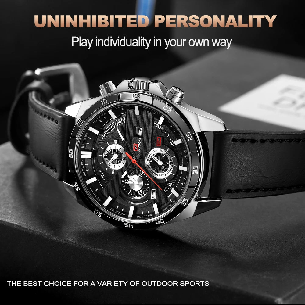 Men Sports Watch 46mm Black Leather Racing Series Everyday Wear  Fashion Original Rose Gold Dial Quartz Watches Relogio Masculin