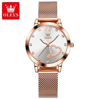 OLEVS 5189 Top Quartz Watch for Women Mesh Steel Strap Heart Design Waterproof Watches Simple Fashion Elegant Ladies Wristwatch
