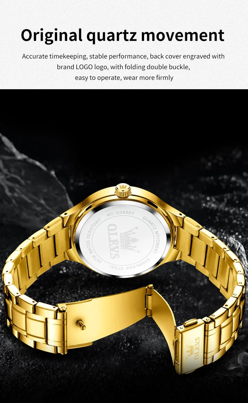 OLEVS 3650 Gold Watches for Men Classic Large Digital Dial Auto Date Waterproof Luminous Original Men's Quartz Wristwatch New