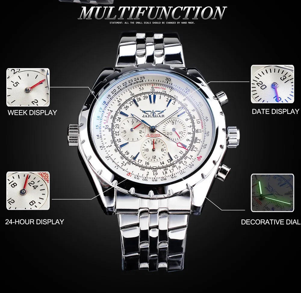 JARAGAR 212 Elegant Automatic Mechanical Watches for Man Hollowing Dial Chronograph Luminous Multifunctional Men Wristwatch