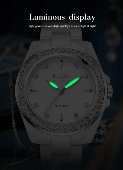 LIGE TOP Women Quartz Watches 2026 Ceramic Elegant Fashion Waterproof Luminous Clock Vintage Watch for Women Reloj De Mujer+BOX
