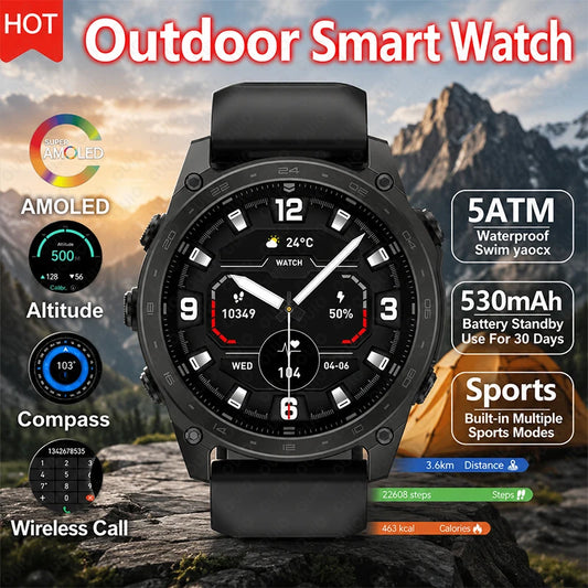 2026 New Sports Smart Watch Sports Mode Wireless Call 5ATM Compass Altimeter LED Flashlight 1.43 Inch AMOLED Screen Smart Watch