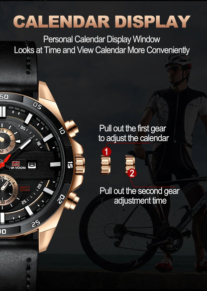 Men Sports Watch 46mm Black Leather Racing Series Everyday Wear  Fashion Original Rose Gold Dial Quartz Watches Relogio Masculin