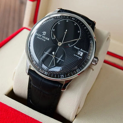 Waterproof Mechanical Watch for Men with Date and Power Reserve Display Stainless Steel Case sapphire Crystal 42mm Large Dial