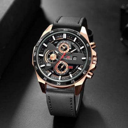 Men Sports Watch 46mm Black Leather Racing Series Everyday Wear  Fashion Original Rose Gold Dial Quartz Watches Relogio Masculin