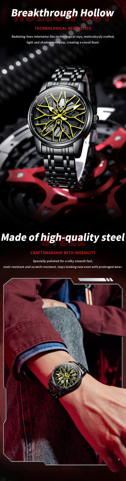 OLEVS Fashion Watch for Men Sport Car Rim Wheel Hub 360° Rotary Dial Quartz Watches Waterproof Stainless Steel Men's Wristwatch