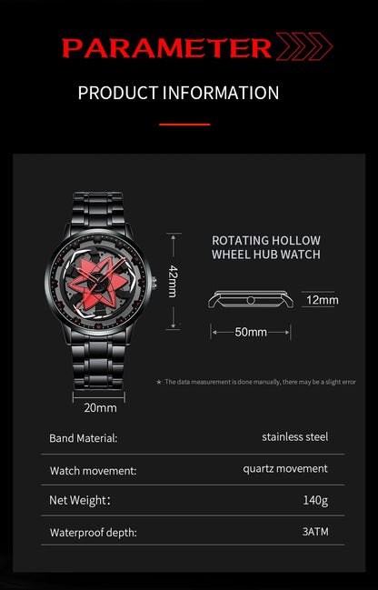 2025 New Watch Car Series Creative Rotating Quartz Movement Sports Style Black Stainless Steel Clock Men Couple Gift Wrist Watch