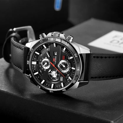 Men Sports Watch 46mm Black Leather Racing Series Everyday Wear  Fashion Original Rose Gold Dial Quartz Watches Relogio Masculin