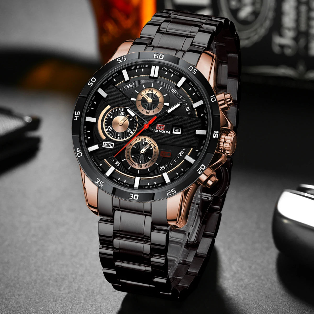 Men Sports Watch 46mm Black Leather Racing Series Everyday Wear  Fashion Original Rose Gold Dial Quartz Watches Relogio Masculin