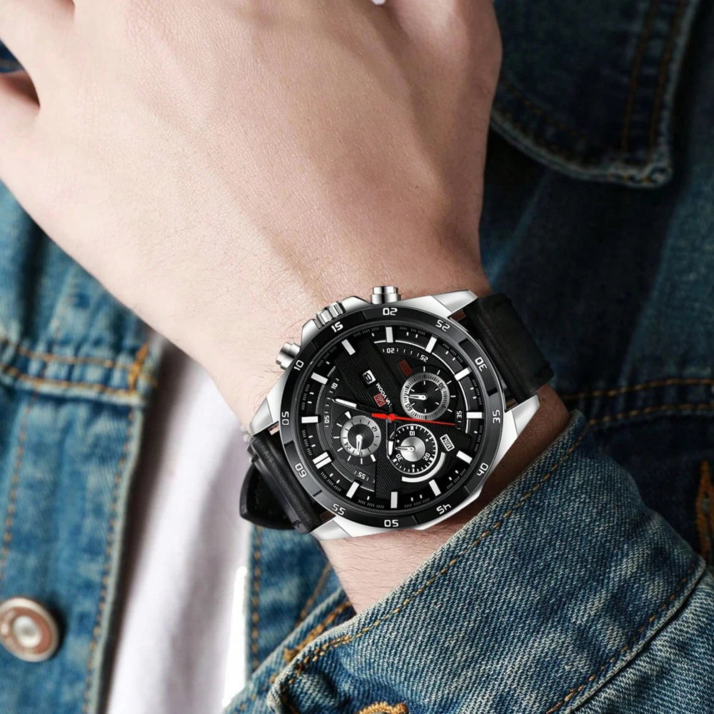 Men Sports Watch 46mm Black Leather Racing Series Everyday Wear  Fashion Original Rose Gold Dial Quartz Watches Relogio Masculin