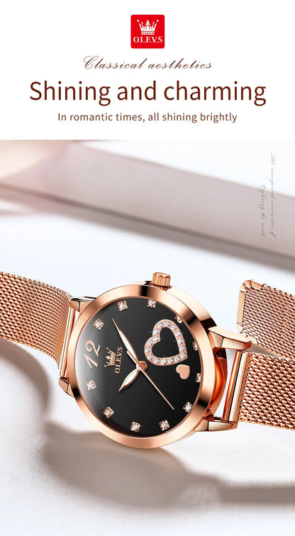 OLEVS 5189 Top Quartz Watch for Women Mesh Steel Strap Heart Design Waterproof Watches Simple Fashion Elegant Ladies Wristwatch