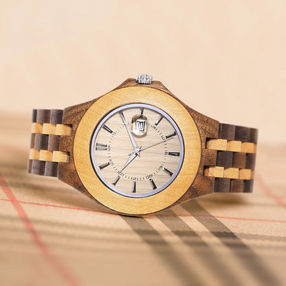 Fashion Men Natural Wood Watch Luminous Dial Date Calendar Fold Clasp Lightweight Casual Quartz Wristwatch