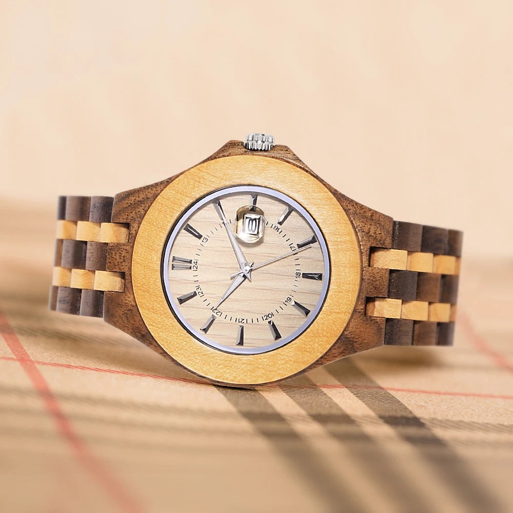 Fashion Men Natural Wood Watch Luminous Dial Date Calendar Fold Clasp Lightweight Casual Quartz Wristwatch