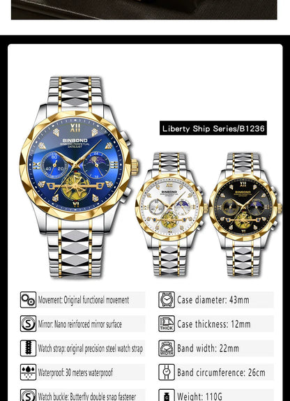 Multi Functional Quartz Watch, Versatile and Trendy Watch, Six Needle Timing, Casual and Trendy Men's Tungsten Steel Color