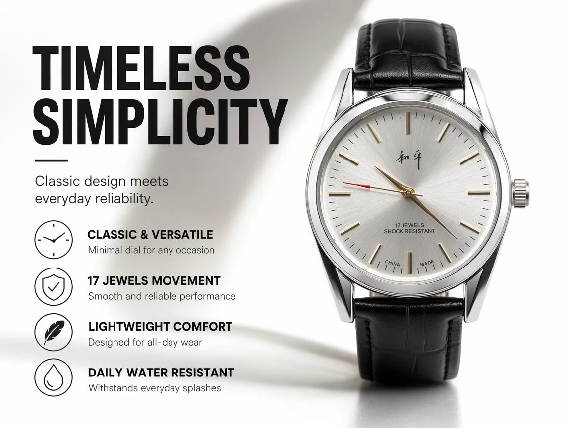 Shanghai Peace Vintage Mechanical Watch for Men 17 Jewels Hand Wind Shock Resistant Black Leather Strap Dress Wristwatch