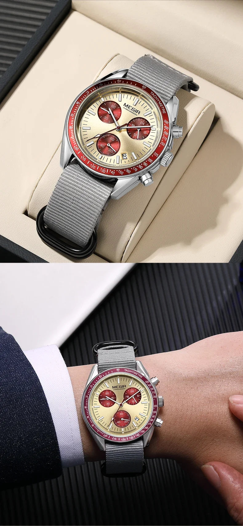 MEGIR New Luxury Men's Watches Canvas Weaving Strap Sport Automatic Chronograph Quartz Waterproof Wristwatch for Male 2247