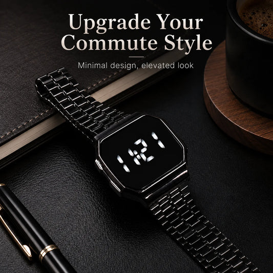 New Arrival Men's Stylish Minimalist Versatile Steel Strap Digital Watch with Touch Screen LED Display, Couple Digital Watch