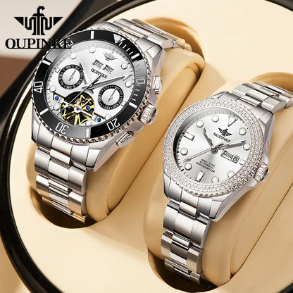 OUPINKE 3229+3205 Couple Watch Pair for Men Women Diving Series Flywheel Design Luxury Imported Movement Lover's Wedding Watches