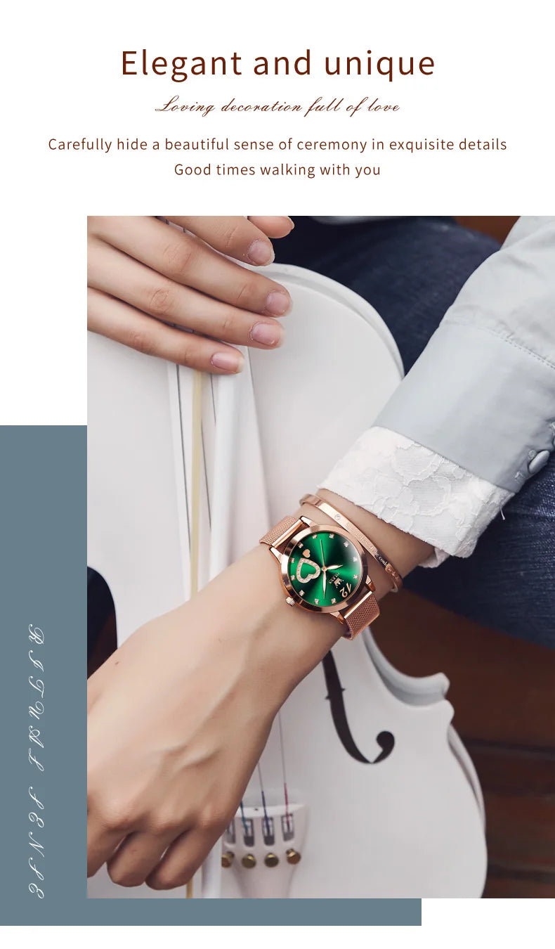 OLEVS 5189 Top Quartz Watch for Women Mesh Steel Strap Heart Design Waterproof Watches Simple Fashion Elegant Ladies Wristwatch