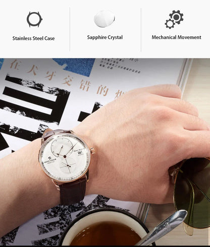 Waterproof Mechanical Watch for Men with Date and Power Reserve Display Stainless Steel Case sapphire Crystal 42mm Large Dial