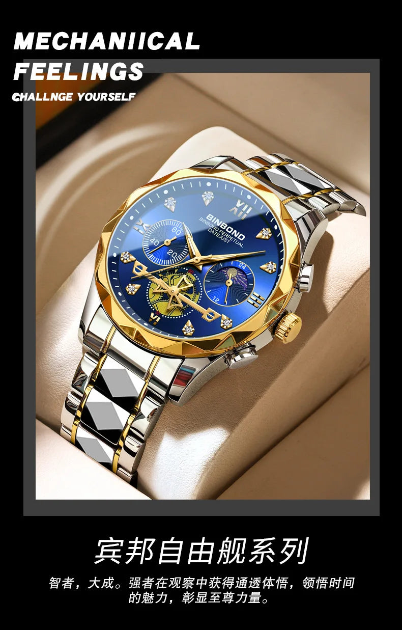 Multi Functional Quartz Watch, Versatile and Trendy Watch, Six Needle Timing, Casual and Trendy Men's Tungsten Steel Color