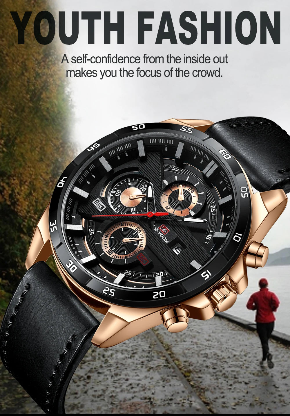 Men Sports Watch 46mm Black Leather Racing Series Everyday Wear  Fashion Original Rose Gold Dial Quartz Watches Relogio Masculin
