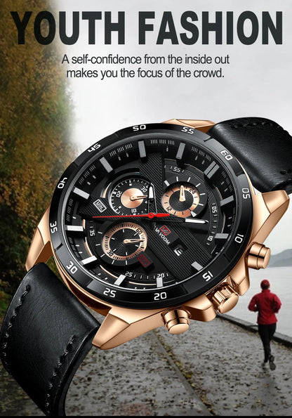 Men Sports Watch 46mm Black Leather Racing Series Everyday Wear  Fashion Original Rose Gold Dial Quartz Watches Relogio Masculin