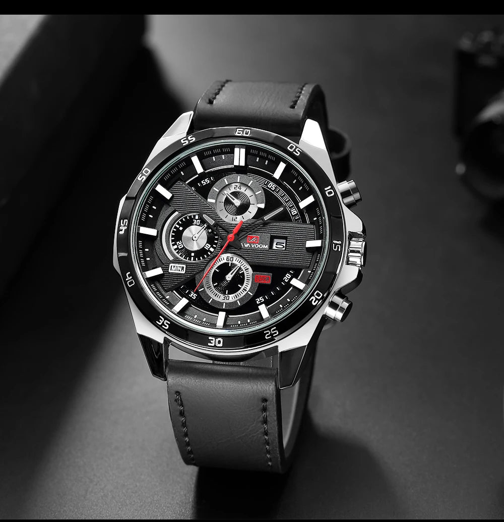 Men Sports Watch 46mm Black Leather Racing Series Everyday Wear  Fashion Original Rose Gold Dial Quartz Watches Relogio Masculin