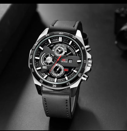 Men Sports Watch 46mm Black Leather Racing Series Everyday Wear  Fashion Original Rose Gold Dial Quartz Watches Relogio Masculin