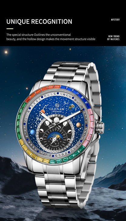 2026 GLENAW New Design Rainbow Circle Mechanical Watch Men Constellation Dial Night Light Waterproof Top Luxury Mechanical Watch