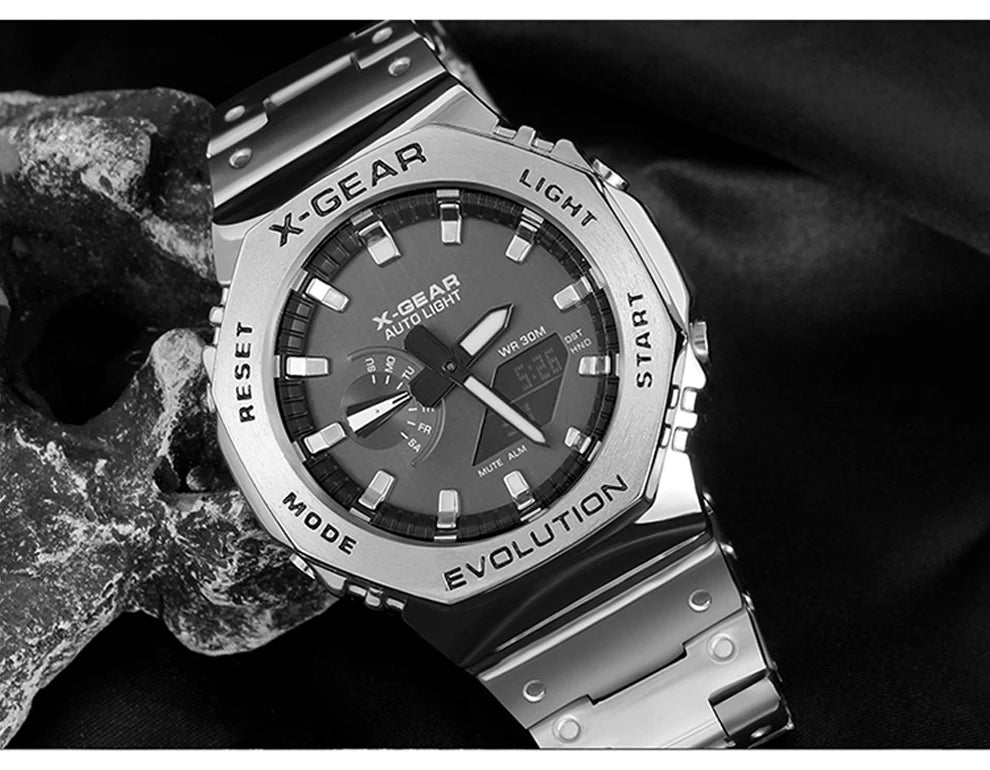 Sports Digital Electronic Unisex Watch Stainless Steel Strap LED Dual Display Multi Function Alloy Large Dial Wristwatch