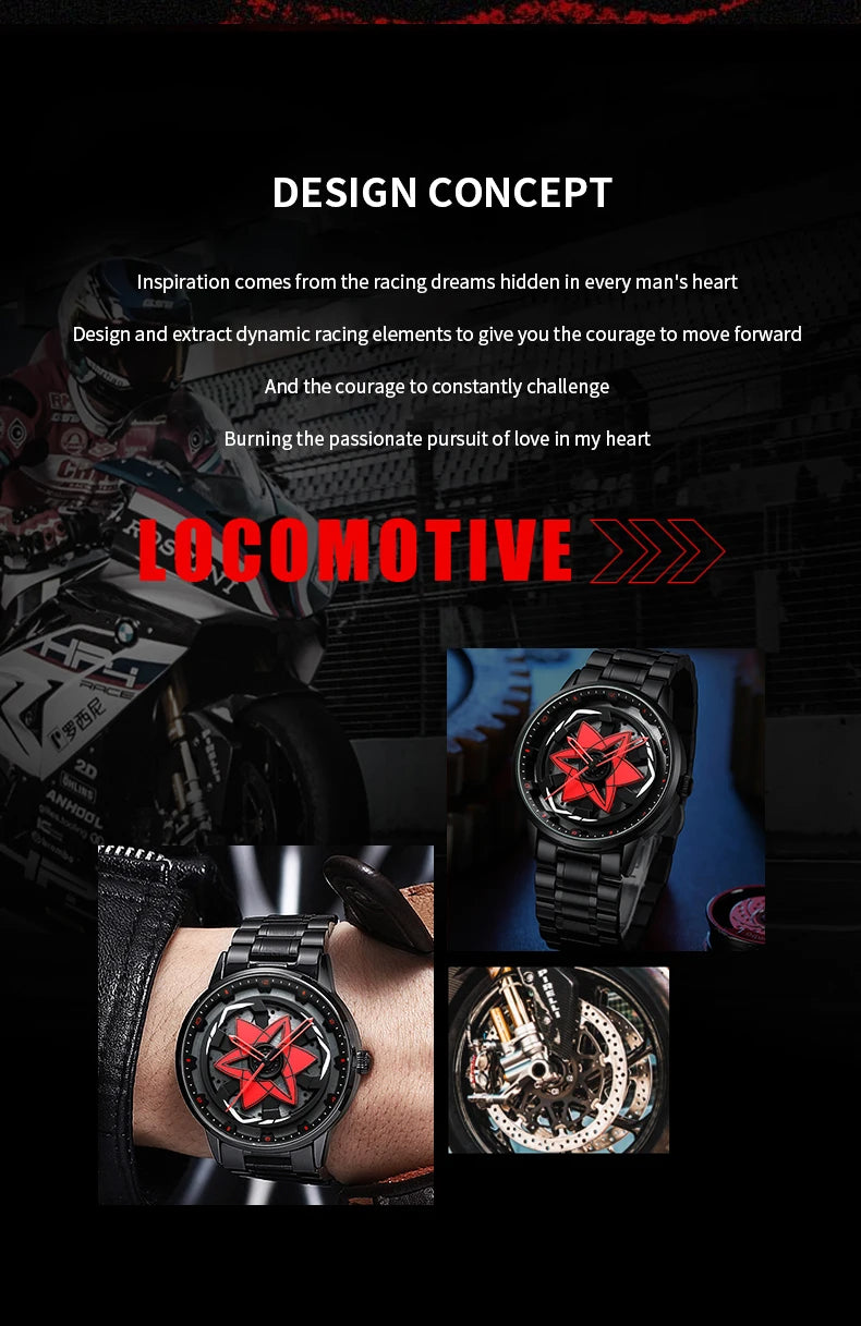 2025 New Watch Car Series Creative Rotating Quartz Movement Sports Style Black Stainless Steel Clock Men Couple Gift Wrist Watch