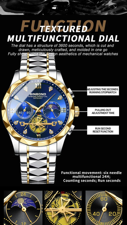 Multi Functional Quartz Watch, Versatile and Trendy Watch, Six Needle Timing, Casual and Trendy Men's Tungsten Steel Color