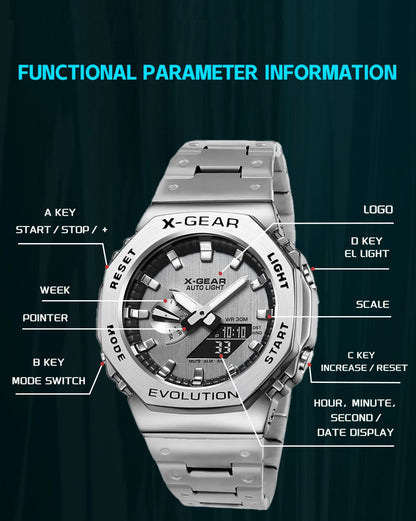 Sports Digital Electronic Unisex Watch Stainless Steel Strap LED Dual Display Multi Function Alloy Large Dial Wristwatch