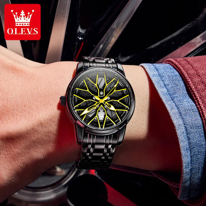 OLEVS Fashion Watch for Men Sport Car Rim Wheel Hub 360° Rotary Dial Quartz Watches Waterproof Stainless Steel Men's Wristwatch