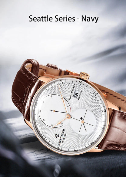 Waterproof Mechanical Watch for Men with Date and Power Reserve Display Stainless Steel Case sapphire Crystal 42mm Large Dial