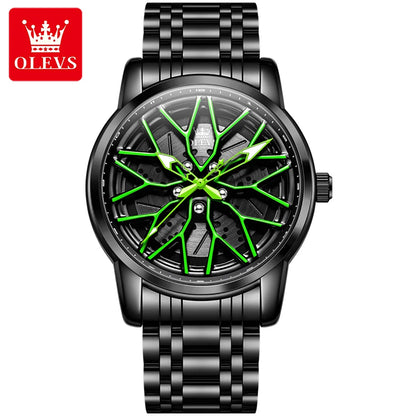 OLEVS Fashion Watch for Men Sport Car Rim Wheel Hub 360° Rotary Dial Quartz Watches Waterproof Stainless Steel Men's Wristwatch